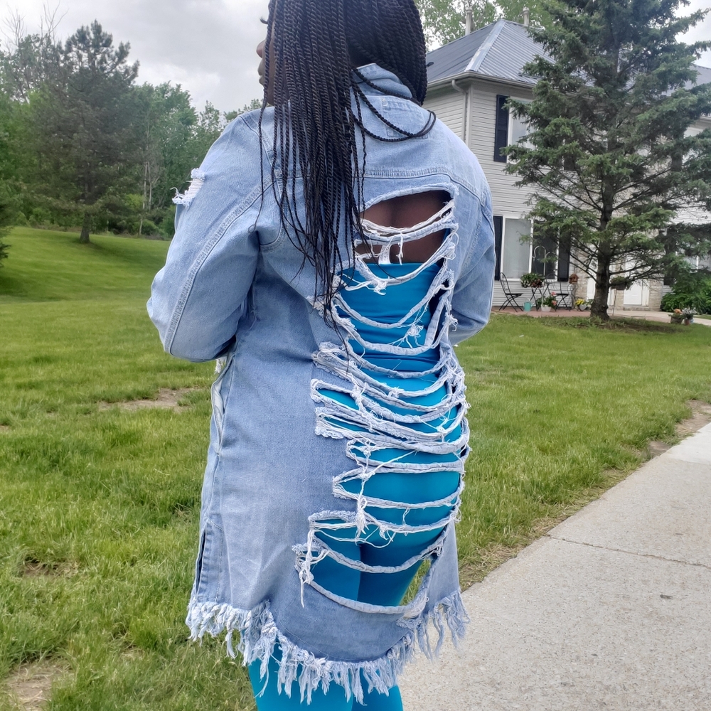 - Long Distressed Jean Denim Jacket